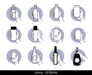Hand hält verschiedene Arten von Trink-und Getränkeflaschen Designs. Vektor-Illustration von Hand halten Plastikflasche, Aluminium-Kolben, Zinn-Dose, Erbse Stock Vektor