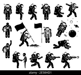 Astronaut oder Raumfahrer Zeichensatz Stick Figur. Vektor-Illustration von Astronaut mit verschiedenen Posen und Aktionen. Der Raumfahrer treffen Alien, Putting Stock Vektor