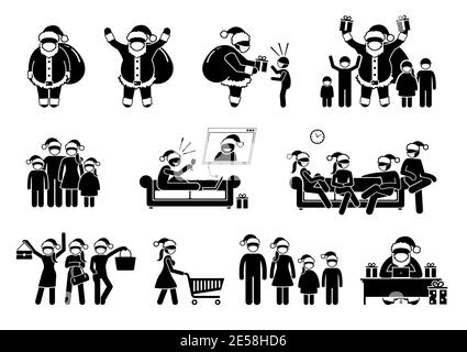 Weihnachtsmann und Menschen tragen Gesichtsmaske während Pandemie an Weihnachten. Vektor-Illustrationen von Santa Claus, Familie und Freunde feiern Merry Chri Stock Vektor