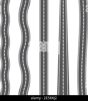 Vertikale nahtlose Straßen auf weißem Hintergrund. Set von Asphaltstraße Draufsicht. Stock Vektor