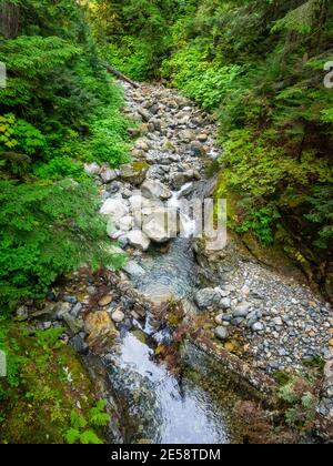 Der Denny Creek Trail ist sehr beliebt und aus gutem Grund! Eine natürliche Wasserrutsche, zwei recht große Wasserfälle, viele alte Wälder gemischt in w Stockfoto