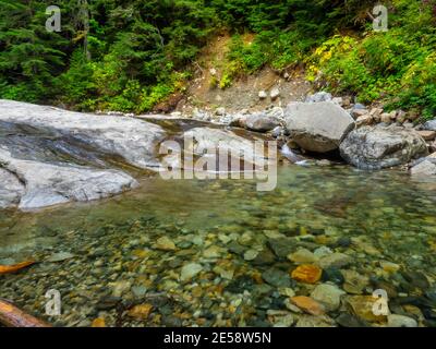 Der Denny Creek Trail ist sehr beliebt und aus gutem Grund! Eine natürliche Wasserrutsche, zwei recht große Wasserfälle, viele alte Wälder gemischt in w Stockfoto