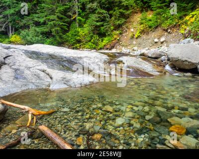 Der Denny Creek Trail ist sehr beliebt und aus gutem Grund! Eine natürliche Wasserrutsche, zwei recht große Wasserfälle, viele alte Wälder gemischt in w Stockfoto