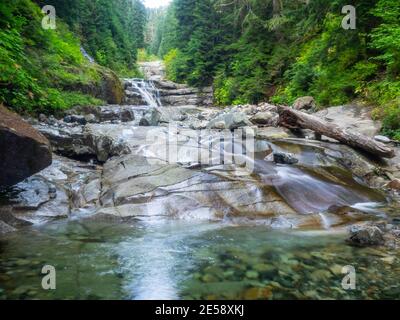 Der Denny Creek Trail ist sehr beliebt und aus gutem Grund! Eine natürliche Wasserrutsche, zwei recht große Wasserfälle, viele alte Wälder gemischt in w Stockfoto