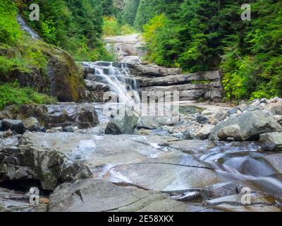 Der Denny Creek Trail ist sehr beliebt und aus gutem Grund! Eine natürliche Wasserrutsche, zwei recht große Wasserfälle, viele alte Wälder gemischt in w Stockfoto