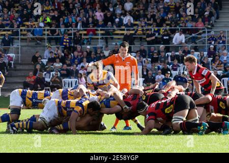 TAURANGA, NEUSEELAND - 1. September 2018; Rugby in Tauranga Domain, Bay of Plenty Steamers Team packing scrum vor Schiedsrichter Canterbury in Nation Stockfoto