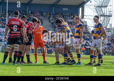 TAURANGA, NEUSEELAND - 1. September 2018; Rugby in Tauranga Domain, Bay of Plenty Steamers Team spielt Canterbury und bereitet sich darauf vor, Scrum zu setzen Stockfoto