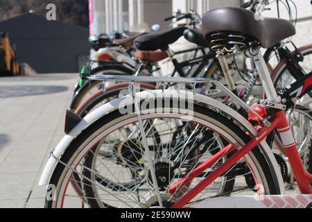 Nahaufnahme der Fahrrad-Hinterräder und Sitze, während in Fahrrad-Rack geparkt Stockfoto