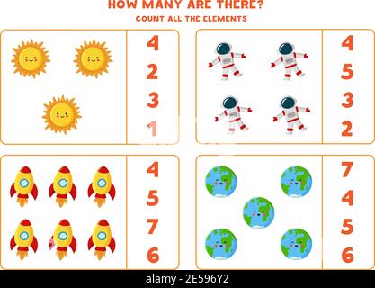 Zählen Sie alle Raumelemente und kreisen Sie die richtige Antwort ein. Mathe-Spiel für Kinder. Stock Vektor