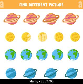 Suchen Sie ein Bild, das in jeder Zeile anders ist. Spiel mit Planeten des Sonnensystems. Stock Vektor