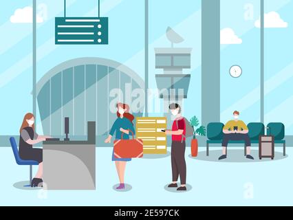 New norma, Vektor-Illustration Menschen in Masken beobachten soziale Distanzierung im Innenflughafen, Check-in Line und Queue Travel Flat Design. Stock Vektor