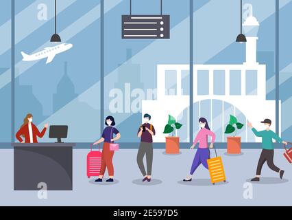 New norma, Vektor-Illustration Menschen in Masken beobachten soziale Distanzierung im Innenflughafen, Check-in Line und Queue Travel Flat Design. Stock Vektor