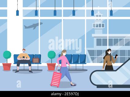 New norma, Vektor-Illustration Menschen in Masken stehen auf Rolltreppe Flughafen Interior Terminal, Business Travel Konzept. Flaches Design. Stock Vektor