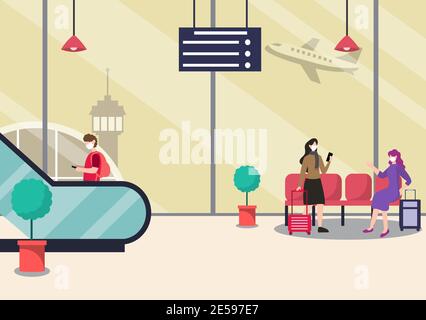 New norma, Vektor-Illustration Menschen in Masken stehen auf Rolltreppe Flughafen Interior Terminal, Business Travel Konzept. Flaches Design. Stock Vektor