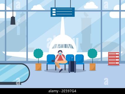 New norma, Vektor-Illustration Menschen in Masken sitzen im Flughafen Interior Terminal, Business Travel Konzept. Flache Designvorlage Stock Vektor