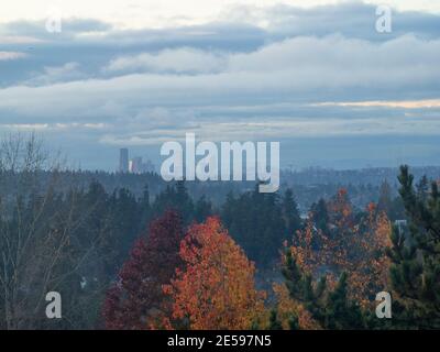 Blick auf die Skyline von Seattle bei Sonnenuntergang an einem bewölkten Tag. Stockfoto