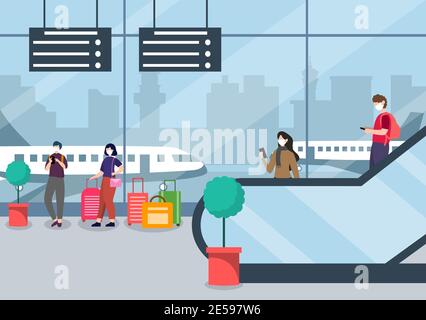 New norma, Vektor-Illustration Menschen in Masken stehen auf Rolltreppe Flughafen Interior Terminal, Business Travel Konzept. Vorlage Für Flaches Design Stock Vektor