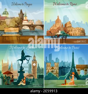 Urlaub Sightseeing Welten berühmte Hauptstädte Touren reisen 4 flache Piktogramme Sammlung quadratische Banner abstrakt isoliert Vektor-Illustration Stock Vektor