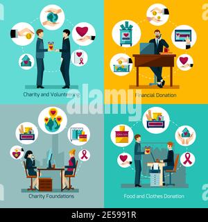 Charity Stiftungen Lebensmittel Kleidung und Geld Spenden 4 flache Symbole Quadratische Komposition Banner abstrakt isoliert Vektor Illustration Stock Vektor