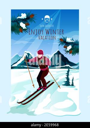 Berglandschaftsposter mit Mann Skifahren und Kiefernäste Auf Hintergrund Vektordarstellung Stock Vektor
