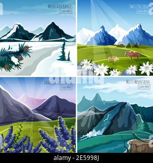 Mountain Landscapes Design-Konzept Set mit Blumen und Tiere Ikonen Isolierte Vektordarstellung Stock Vektor