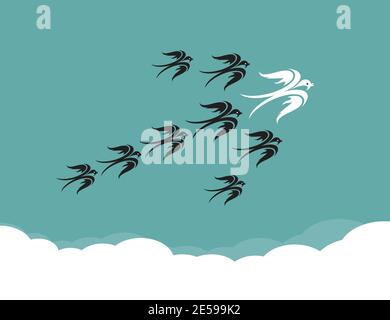 Vogelschar (Schwalbe), der am Himmel fliegt, Führungskonzept. Leicht editierbare Vektorgrafik mit Ebenen. Stock Vektor
