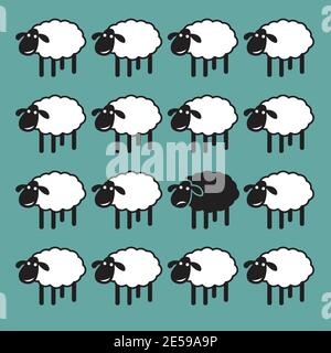 Einzelne schwarze Schafe in weißen Schafgruppe. Unähnliches Konzept. Leicht editierbare Vektorgrafik mit Ebenen. Tiere. Stock Vektor
