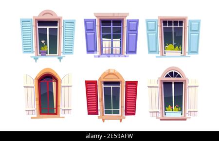 Holzfenster mit offenen Fensterläden im mediterranen Stil isoliert auf weißem Hintergrund. Vektor Cartoon Satz von Haus-Fenster mit farbigen Rahmen, Vorhänge und Blumentöpfe auf Schweller Stock Vektor