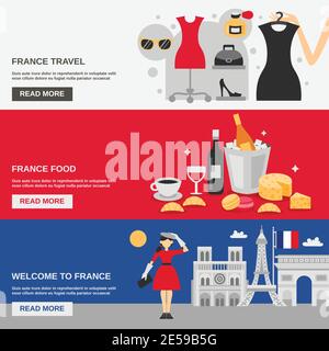 Frankreich horizontales Bannerset mit Lebensmitteleinkauf und Reisesymbolen Isolierte Vektordarstellung Stock Vektor