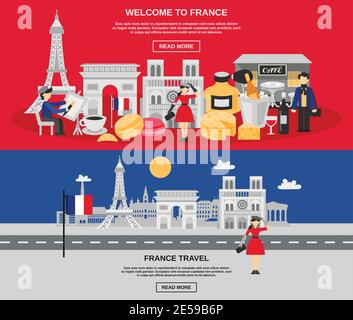 Frankreich horizontales Banner-Set mit Reise- und touristischen Symbolen isoliert vektorgrafik Stock Vektor