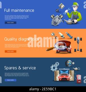 Auto-Reparatur und Diagnose Cartoon horizontale Banner mit Waschanlage gesetzt Und gasisolierte Vektordarstellung Stock Vektor
