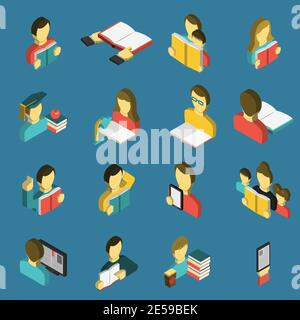 Elektronische E-Reader und Papierbücher für Studium und Familie lesen Isometrische Symbole Sammlung abstrakt isoliert Vektor Illustration Stock Vektor
