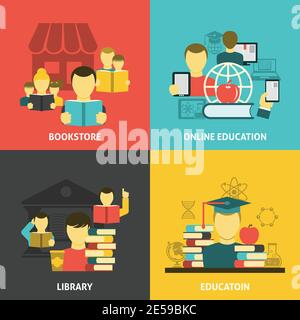 Traditionelle und Online-wissenschaftliche Bildung Lesekonzept 4 flache Symbole Quadratische Komposition Banner abstrakt isoliert Vektor Illustration Stock Vektor