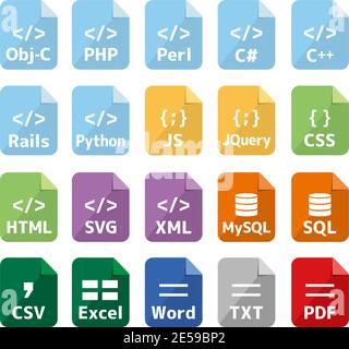 Wichtige Programmiersprachen und Dateiformate Vektorsymbole Illustrationssatz ( Farbversion ) Stock Vektor