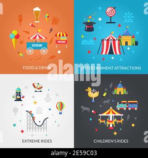 Reisen Zirkus Vergnügungspark Attraktionen mit Getränken und Snacks 4 Flache Symbole Komposition quadratisch abstrakt isoliert Vektor Illustration Stock Vektor