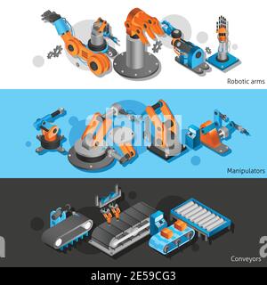 Industrieroboter horizontales Banner-Set mit isometrischen Manipulatoren und Roboter Arme isolierte Vektordarstellung Stock Vektor