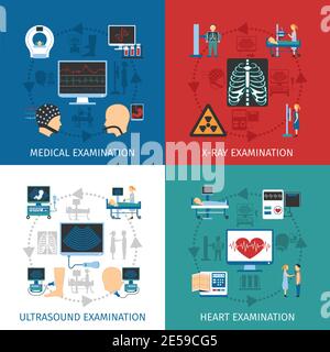 Medizinische Ultraschall-und Röntgen-Herzuntersuchung 4 flache Symbole quadratisch Komposition Banner abstrakt isoliert Vektor Illustration Stock Vektor