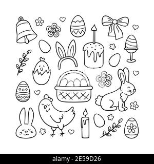 Süße Ostern Doodle Set - Hase, Korb, ostereier, Kuchen, Huhn, Weidenzweige und Kerzen Stock Vektor