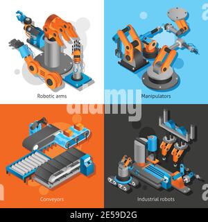 Design-Konzept für Industrieroboter mit Roboterarmen und Förderbändern Isometrische Symbole isolierte Vektordarstellung Stock Vektor