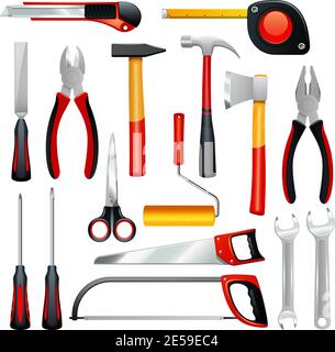 Symbole Satz von verschiedenen einfachen Werkzeugen für Hausarbeit und nicht Professionelle Reparatur realistisch isoliert Vektor Illustration Stock Vektor