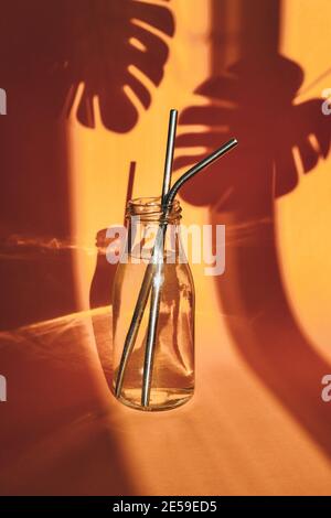 Wiederverwendbare Metall-Strohhalme in Glasflasche mit Wasser auf gelbem Hintergrund mit Pflanzenschatten - Edelstahl, umweltfreundliches Trinkhalm-Set. Keine Verschwendung. Kunststoff frei. Strohhalme Aus Edelstahl. Kreatives Konzept Stockfoto