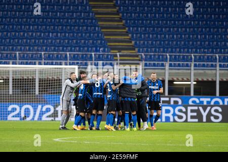 Team Inter Sieg feiern während der italienischen Cup, Coppa Italia, Viertelfinale Fußballspiel zwischen FC Internazionale und AC / LM Stockfoto