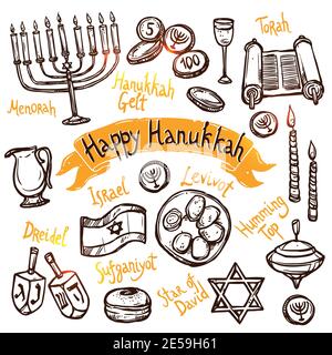 Hanukkah traditionelle jüdische Feiertag Doodle Symbole setzen isolierte Vektor-Illustration Stock Vektor