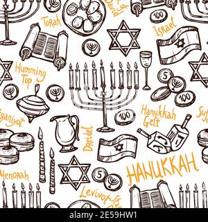 Hanukkah Nahtloses Muster mit handgezeichneter Menorah torah und traditionell Vektorgrafik Lebensmittel Stock Vektor