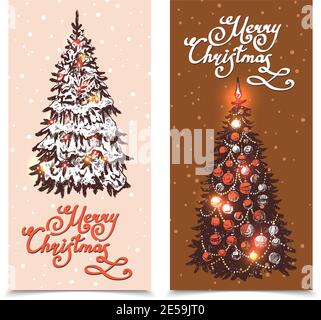 Weihnachtsbaum handgezeichnete vertikale Banner-Set isoliert Vektor-Illustration Stock Vektor