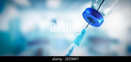 Impfbanner - Füllen Spritze mit Impfstoff. Copy space Stockfoto