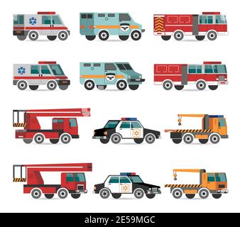 Flache Einsatzfahrzeuge mit Brandspur und Polizeiauto-Vektor Abbildungen Stock Vektor