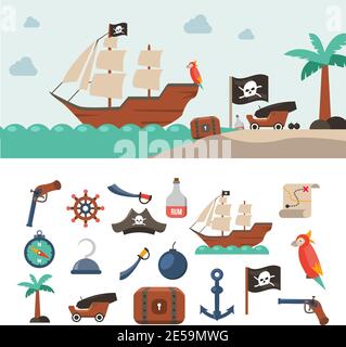 Pirate Icons flaches Set mit Schatzkiste Seekarte fröhliche roger Flagge isolierte Vektor-Illustration Stock Vektor