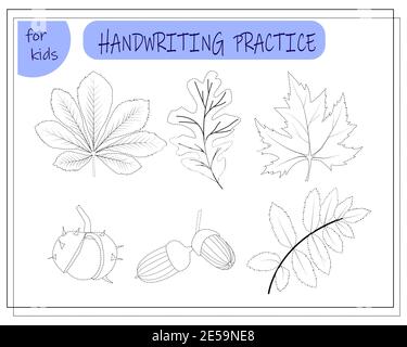 Üben Sie Handschrift. Zeichnen Sie ein Arbeitsblatt für Vorschulkinder mit Leichtigkeit. Ein einfaches Lernspiel für Kinder. Illustration von Baumblättern für Kinder Stock Vektor