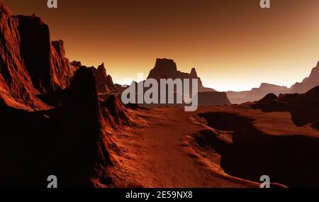 Mars - der rote Planet. Kalte Wüste auf dem Mars. Marslandschaft. 3D-Illustration Stockfoto